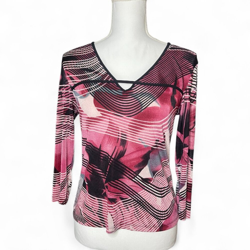 Womens Small Pink V-Neck Long Sleeve Stretch Top Retro Y2K Work Abstract Vintage
